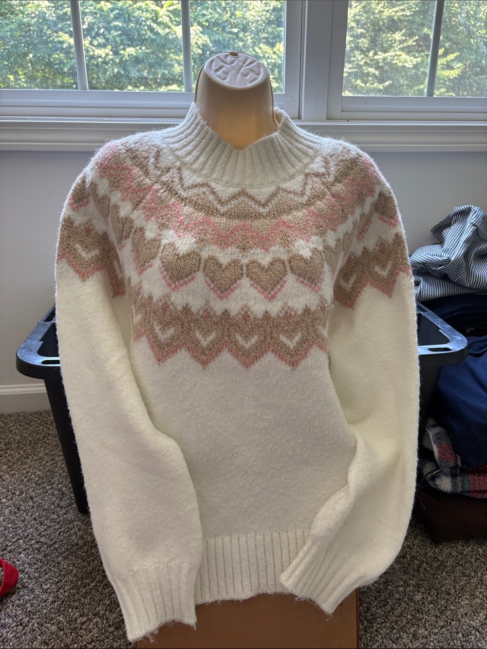 LOFT Cream Fair Isle Turtleneck Sweater with Pink & Tan Hearts